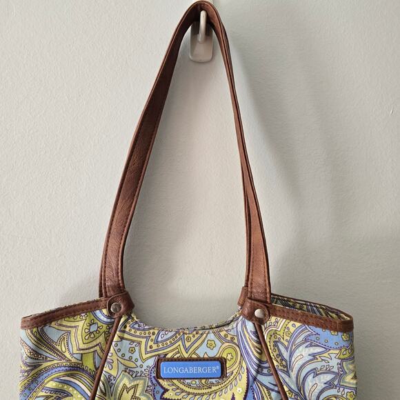 Longaberger Tote Blue Green Paisley Faux Leather Trim Handles EUC - Picture 2 of 12